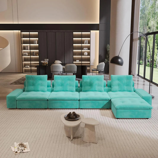 Premium Adjustable Cloud Sectional Couches | 5-Piece Velvet Tiffany Blue Modular Design L-Shaped Sectionals 4-seaters with 1-Ottomans