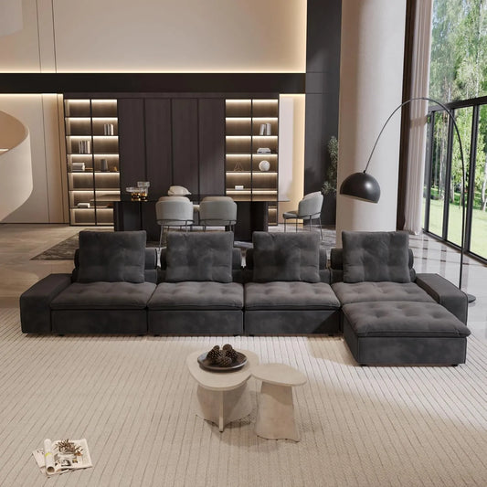 Premium Adjustable Cloud Sectional Couches | 5-Piece Velvet Grey Cloud-Like Comfort L-Shaped Sectionals 4-seaters with 1-Ottomans