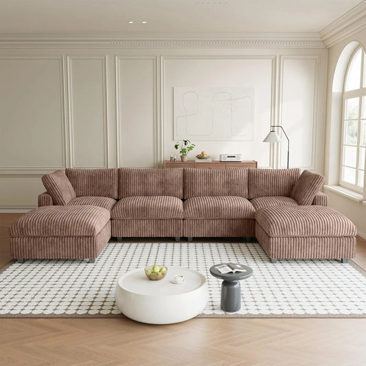 Premium Classic Cloud Sectional Couches | 6-Piece Plush Fabric Brown Big Comfy Shape U-Shaped Sectionals 4-seaters with 2-Ottomans