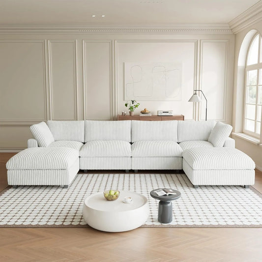 Premium Classic Cloud Sectional Couches | 6-Piece Plush Fabric Beige A Strong Wood Frame U-Shaped Sectionals 4-seaters with 2-Ottomans