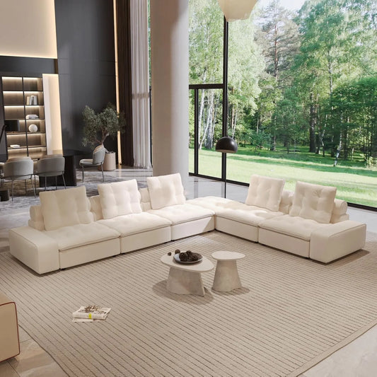 Premium Adjustable Cloud Sectional Couches | 6-Piece Velvet Beige Creative Curved Corner L-Shaped Sectionals 5-seaters with 1-Ottomans