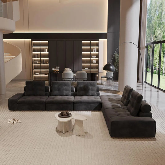 Premium Adjustable Cloud Sectional Couches | 6-Piece Velvet Grey Modular Design L-Shaped Sectionals 5-seaters with 1-Ottomans