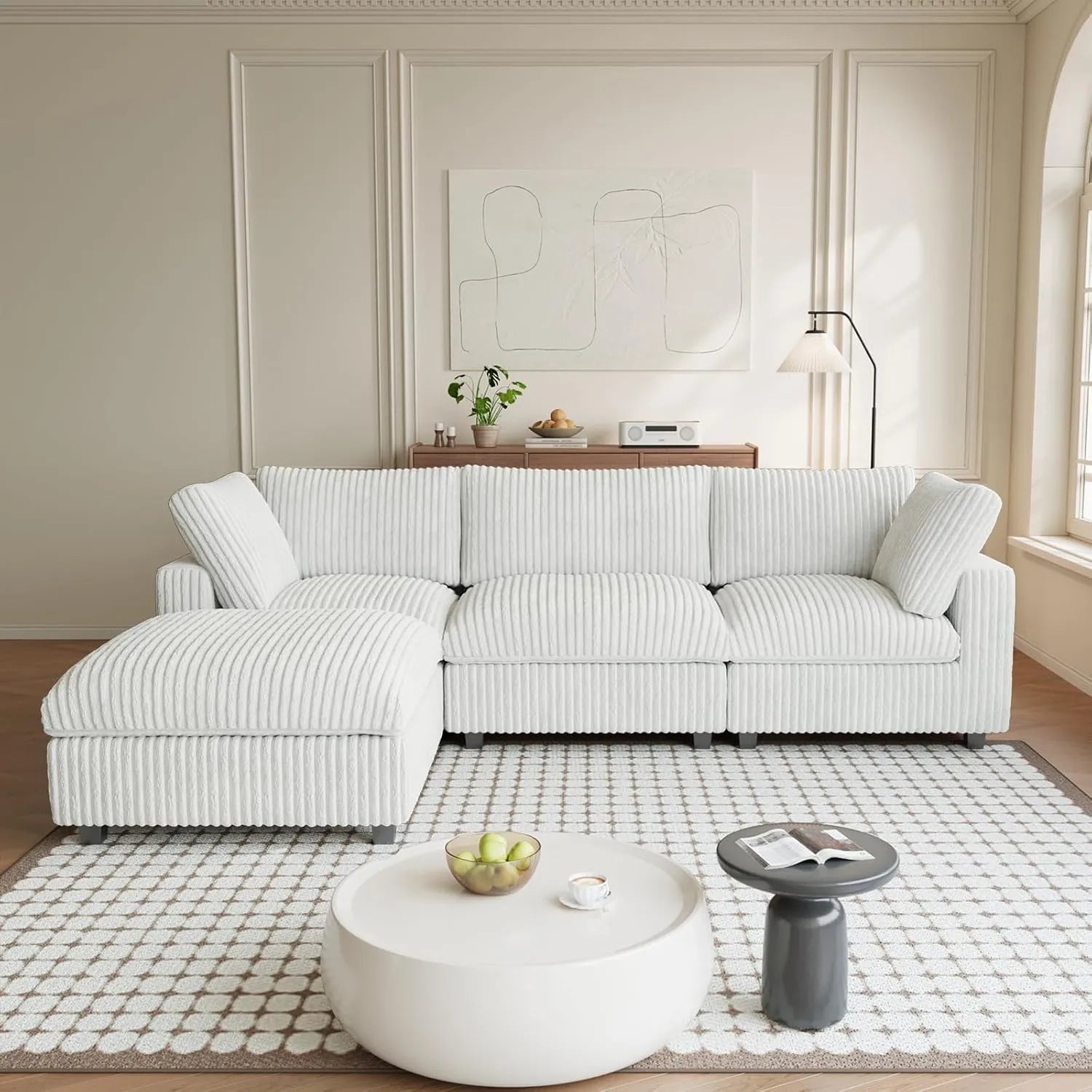 4-Piece Plush Fabric Beige A Big Friendly Sofa L-Shaped Sectionals 3-seaters with 1-Ottomans