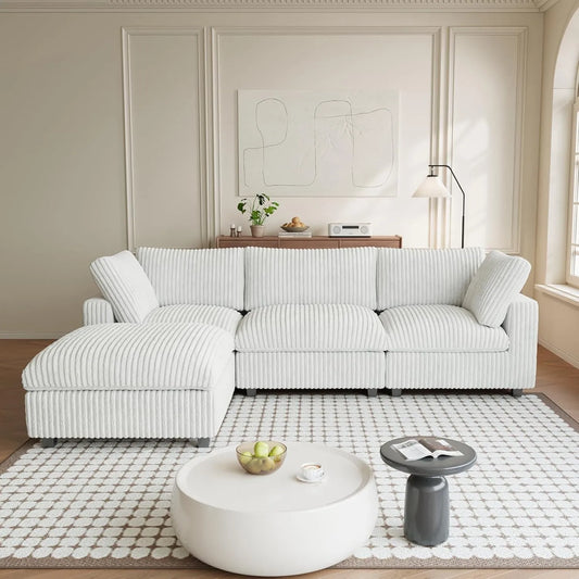 Premium Classic Cloud Sectional Couches | 4-Piece Plush Fabric Beige A Big Friendly Sofa L-Shaped Sectionals 3-seaters with 1-Ottomans