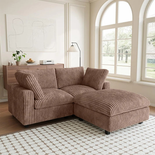 Premium Classic Cloud Sectional Couches | 3-Piece Plush Fabric Brown Soft Cotton Backrests Chaise Sectionals 2-seaters with 1-Ottomans