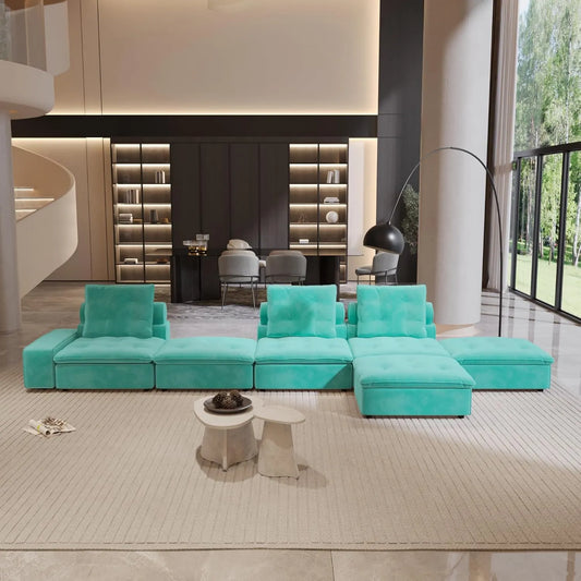 Premium Adjustable Cloud Sectional Couches | 6-Piece Velvet Tiffany Blue Smooth Modern Style Sofa Sets 3-seaters with 3-Ottomans