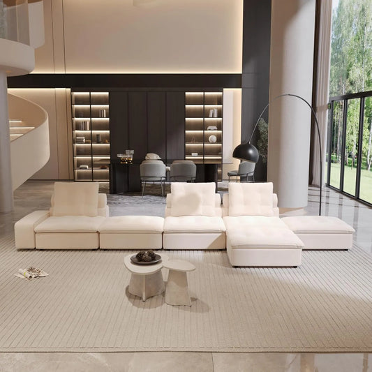 Premium Adjustable Cloud Sectional Couches | 6-Piece Velvet Beige Pet-Proof Luxury Sofa Sets 3-seaters with 3-Ottomans