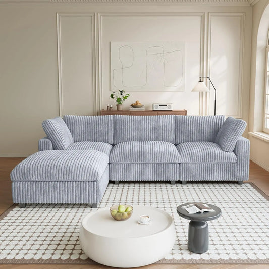 Premium Classic Cloud Sectional Couches | 4-Piece Plush Fabric Light Grey Casual-Luxury Appeal L-Shaped Sectionals 3-seaters with 1-Ottomans