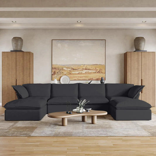 Premium Linen Cloud Sectional Couches | 6-Piece Linen Black Rich Beautiful Fabric U-Shaped Sectionals 4-seaters with 2-Ottomans