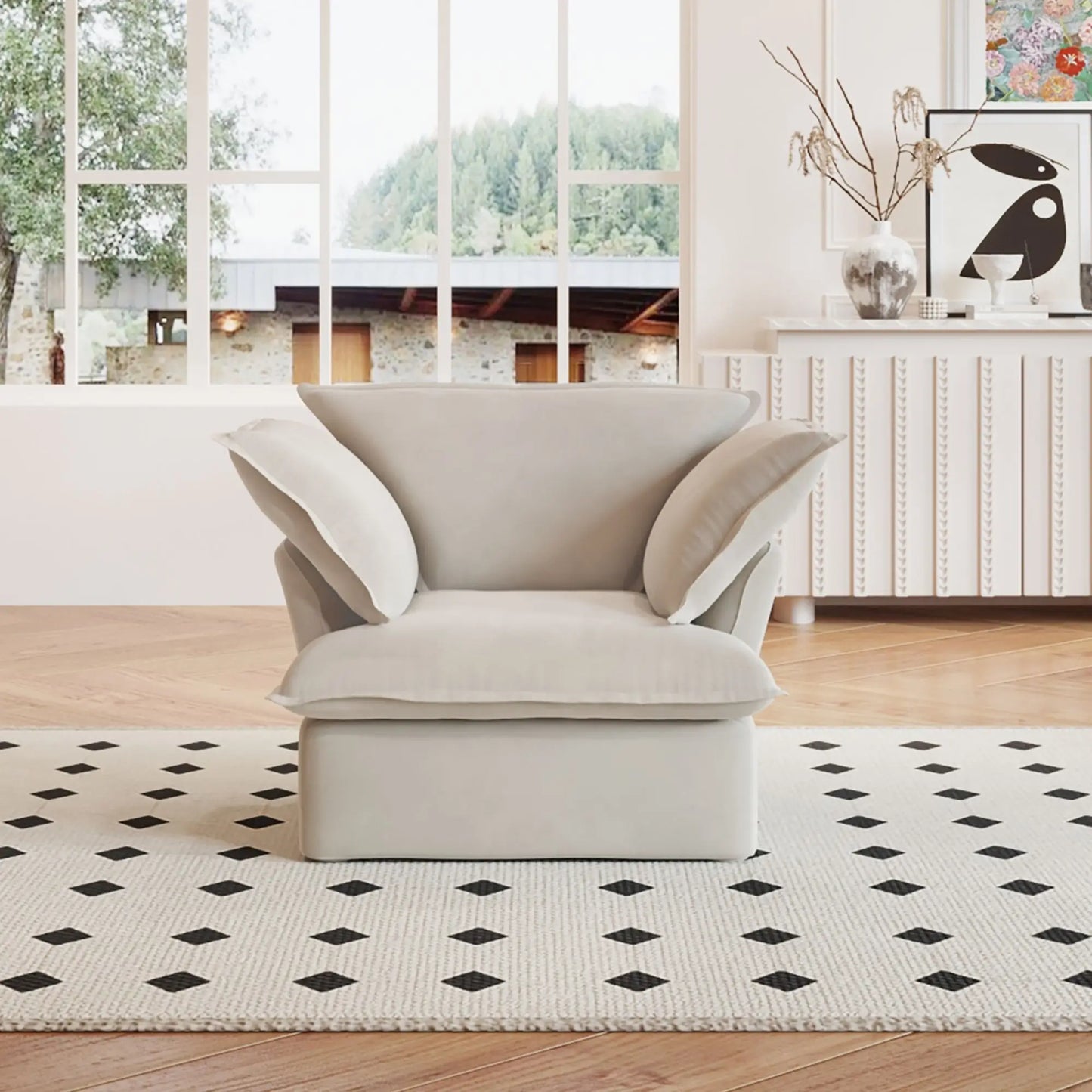 Washable Couch 43.3" Washable Linen Single Sofa with Replaceable Sofa Cover 3D-Knitted Fabric - Beige