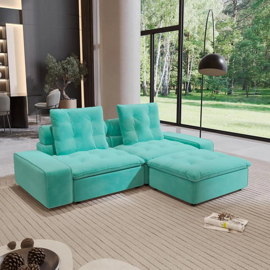 Premium Adjustable Cloud Sectional Couches | 3-Piece Velvet Tiffany Blue Modular Design Chaise Sectionals 2-seaters with 1-Ottomans