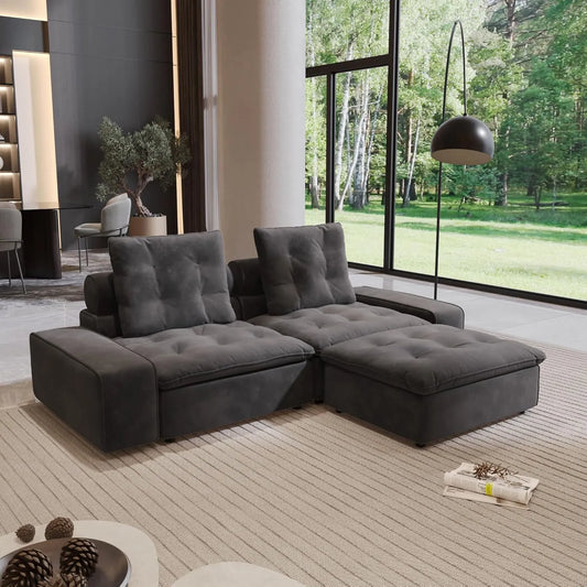 Premium Adjustable Cloud Sectional Couches | 3-Piece Velvet Grey Modular Design Chaise Sectionals 2-seaters with 1-Ottomans