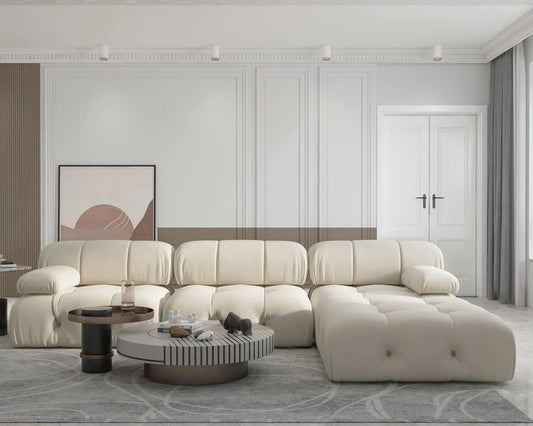 Exclusive Minimalist Modular Couches | 4-Piece Velvet Beige Vintage Tufted Luxury L-Shaped Sectionals 3-seaters with 1-Ottomans