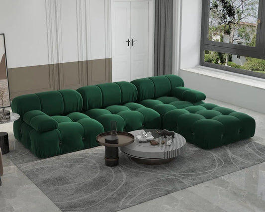 Exclusive Minimalist Modular Couches | 4-Piece Velvet Green Soft Springy Support L-Shaped Sectionals 3-seaters with 1-Ottomans