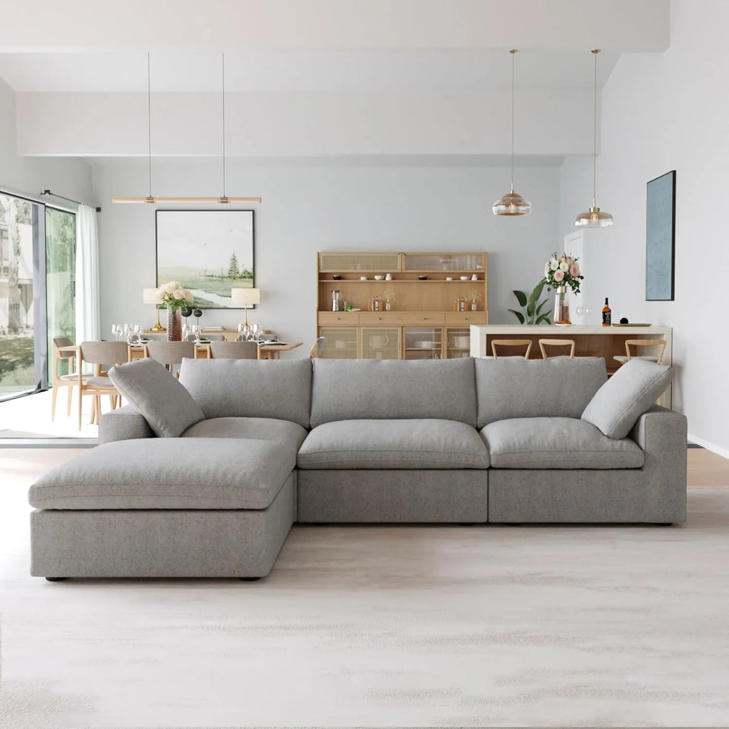 Premium Luxe Cloud Sectional Couches | 4-Piece Linen Light Grey Modular Design L-Shaped Sectionals 3-seaters with 1-Ottomans