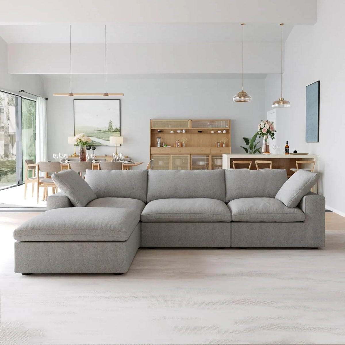 Premium Luxe Cloud Sectional Couches | 4-Piece Linen Light Grey Modular Design L-Shaped Sectionals 3-seaters with 1-Ottomans