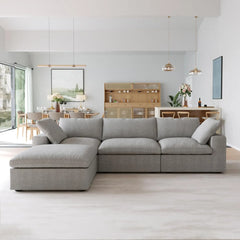 Premium Luxe Cloud Sectional Couches | 4-Piece Linen Light Grey Modular Design L-Shaped Sectionals 3-seaters with 1-Ottomans