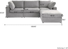 Premium Luxe Cloud Sectional Couches | 4-Piece Linen Light Grey Modular Design L-Shaped Sectionals 3-seaters with 1-Ottomans