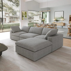 Premium Luxe Cloud Sectional Couches | 4-Piece Linen Light Grey Modular Design L-Shaped Sectionals 3-seaters with 1-Ottomans