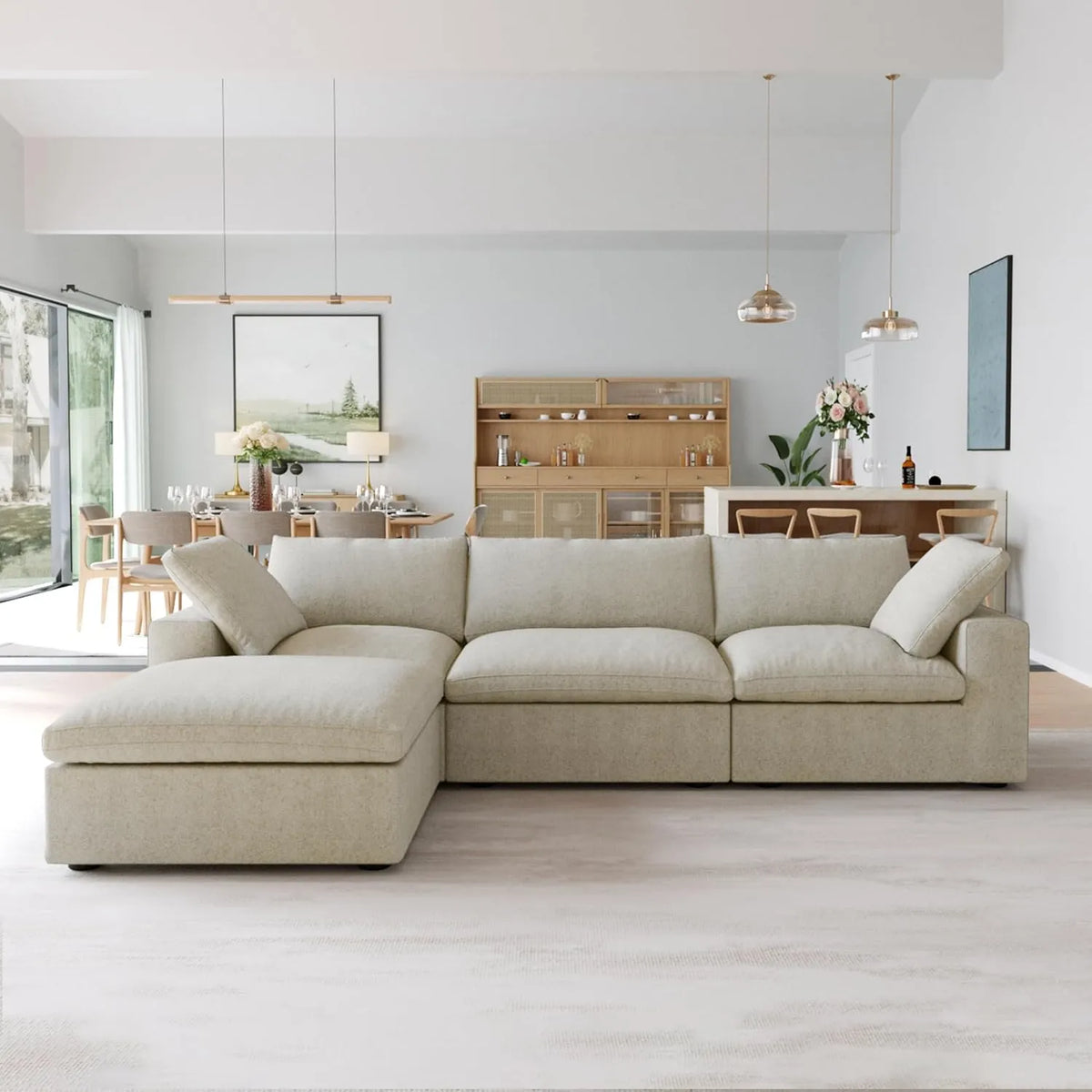 Premium Luxe Cloud Sectional Couches | 4-Piece Linen Khaki Convenient Storage L-Shaped Sectionals 3-seaters with 1-Ottomans