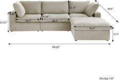Premium Luxe Cloud Sectional Couches | 4-Piece Linen Khaki Convenient Storage L-Shaped Sectionals 3-seaters with 1-Ottomans
