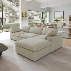 Premium Luxe Cloud Sectional Couches | 4-Piece Linen Khaki Convenient Storage L-Shaped Sectionals 3-seaters with 1-Ottomans