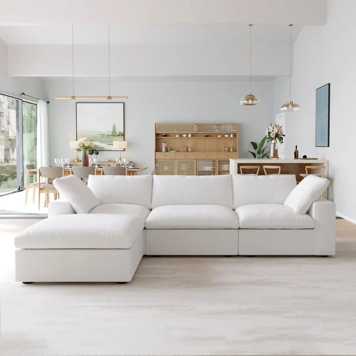 Premium Luxe Cloud Sectional Couches | 4-Piece Linen White Convenient Storage L-Shaped Sectionals 3-seaters with 1-Ottomans