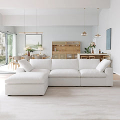 Premium Luxe Cloud Sectional Couches | 4-Piece Linen White Convenient Storage L-Shaped Sectionals 3-seaters with 1-Ottomans