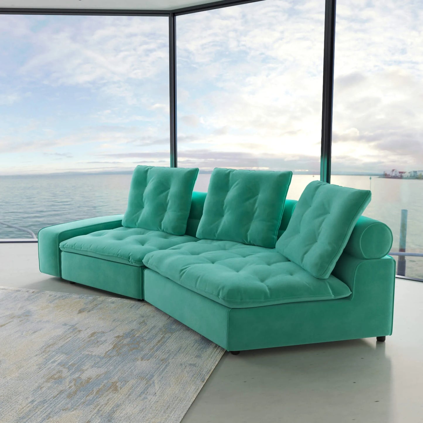 125'' Adjustable Pet-Friendly 2-Seater Curve Corner Sectional Sofa with Roller Backrest - Tiffany Blue