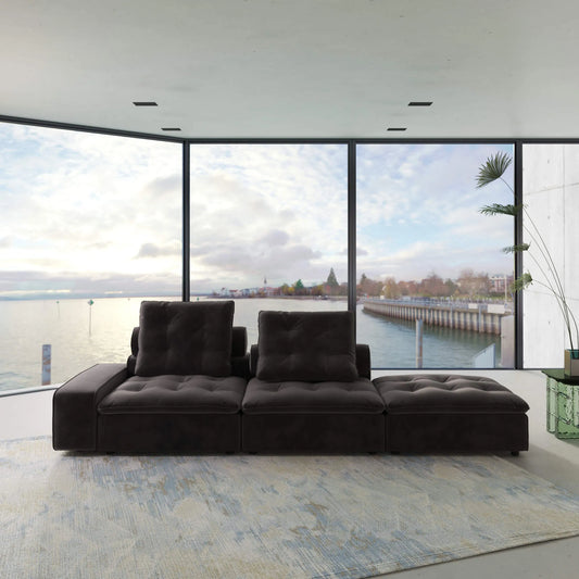 130'' Adjustable Pet-Friendly 3-Seater Chaise Lounge Sectional Sofa with Roller Backrest - Grey