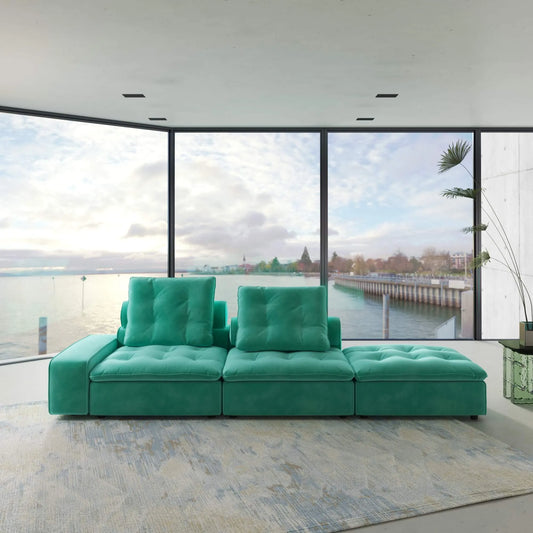 130'' Adjustable Pet-Friendly 3-Seater Chaise Lounge Sectional Sofa with Roller Backrest - Tiffany Blue