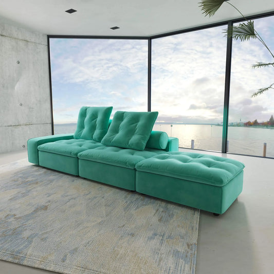 130'' Adjustable Pet-Friendly 3-Seater Chaise Lounge Sectional Sofa with Roller Backrest - Tiffany Blue