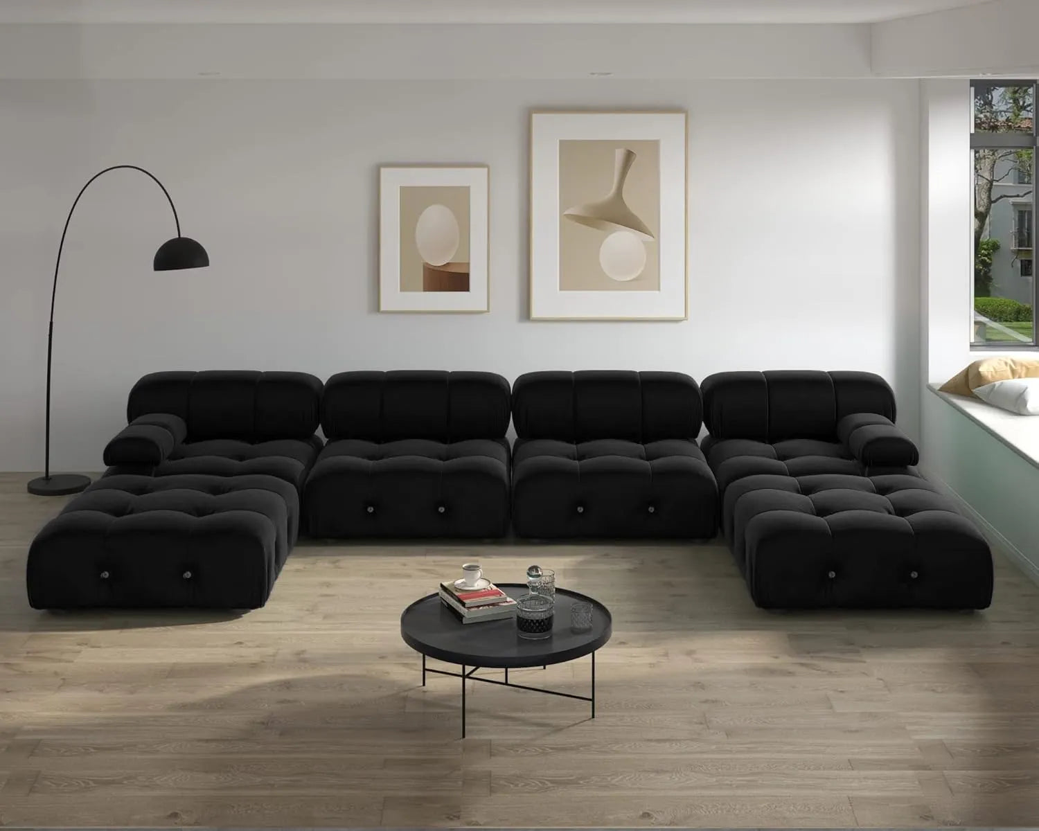 Exclusive Minimalist Modular Couches | 6-Piece Velvet Black Vintage Tufted Luxury U-Shaped Sectionals 4-seaters with 2-Ottomans