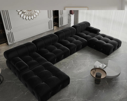 Exclusive Minimalist Modular Couches | 6-Piece Velvet Black Vintage Tufted Luxury U-Shaped Sectionals 4-seaters with 2-Ottomans