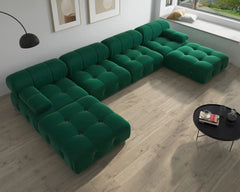 Exclusive Minimalist Modular Couches | 6-Piece Velvet Green Fancy Button Style U-Shaped Sectionals 4-seaters with 2-Ottomans