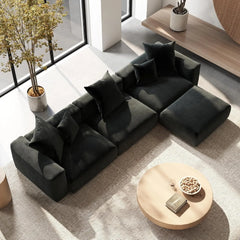 Exclusive Modern Modular Couches | 4-Piece Corduroy Black Cozy Grounded Look L-Shaped Sectionals 3-seaters with 1-Ottomans