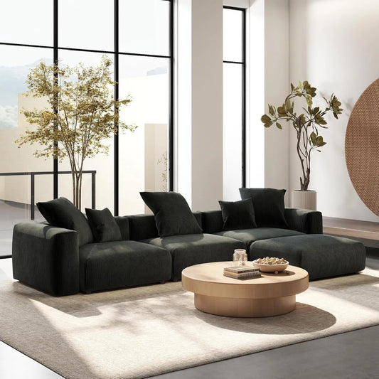 Exclusive Modern Modular Couches | 4-Piece Corduroy Black Cozy Grounded Look L-Shaped Sectionals 3-seaters with 1-Ottomans