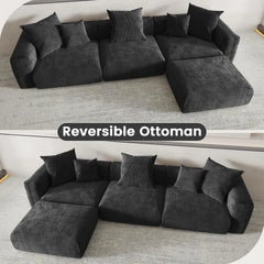 Exclusive Modern Modular Couches | 4-Piece Corduroy Black Cozy Grounded Look L-Shaped Sectionals 3-seaters with 1-Ottomans