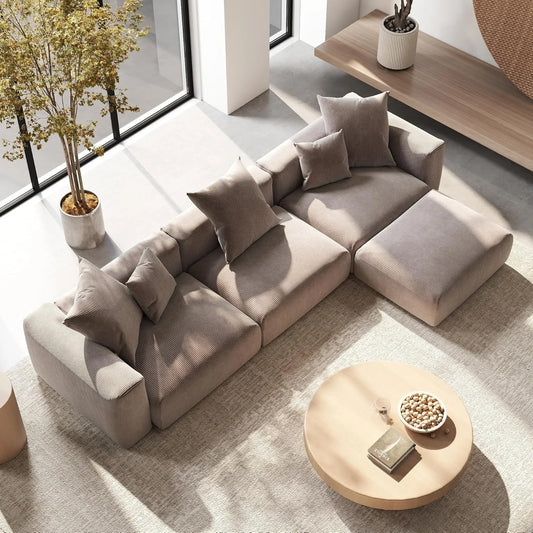 Exclusive Modern Modular Couches | 4-Piece Corduroy Brown Safe For Children L-Shaped Sectionals 3-seaters with 1-Ottomans