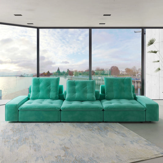 142'' Adjustable Pet-Friendly 3-Seater Sleeper Sectional Sofa with Roller Backrest - Tiffany Blue