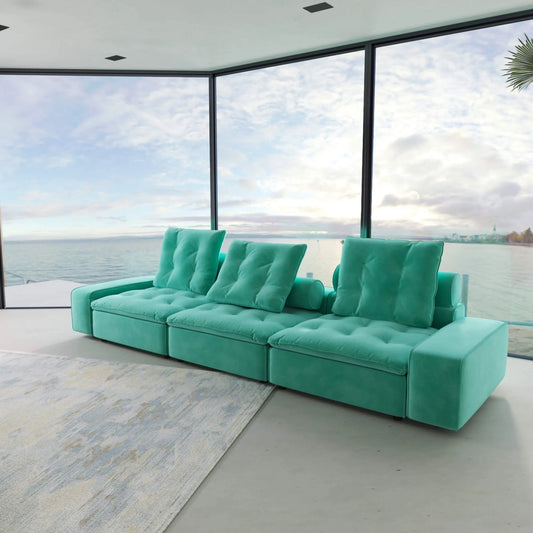 142'' Adjustable Pet-Friendly 3-Seater Sleeper Sectional Sofa with Roller Backrest - Tiffany Blue