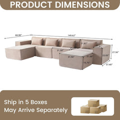 Exclusive Classic Sectional Couches | 5-Piece Corduroy Brown Pet-Proof Claw-Proof U-Shaped Sectionals 4-seaters with 2-Ottomans