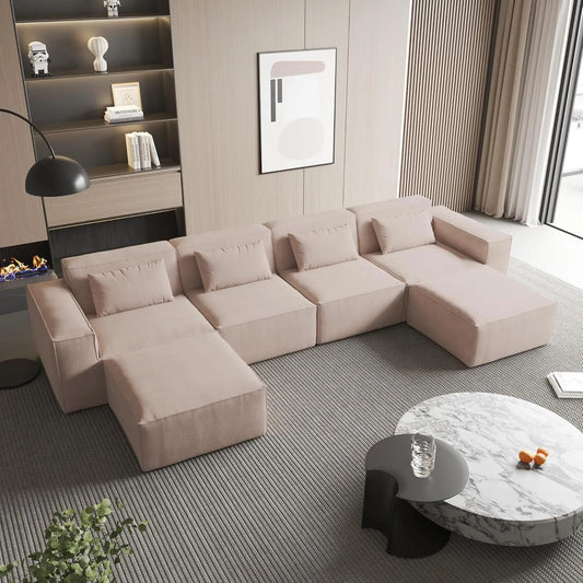 Exclusive Classic Sectional Couches | 5-Piece Corduroy Brown Pet-Proof Claw-Proof U-Shaped Sectionals 4-seaters with 2-Ottomans