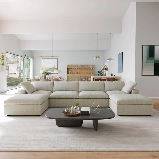 Premium Luxe Cloud Sectional Couches | 6-Piece Linen Khaki Strong Lasting Fabric U-Shaped Sectionals 4-seaters with 2-Ottomans