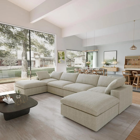 Premium Luxe Cloud Sectional Couches | 6-Piece Linen Khaki Strong Lasting Fabric U-Shaped Sectionals 4-seaters with 2-Ottomans