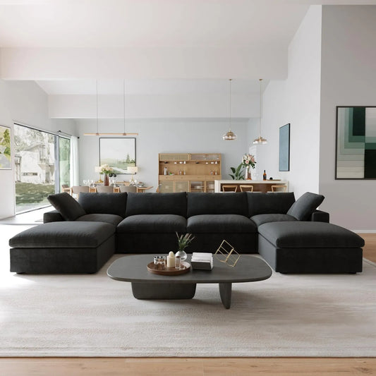 Premium Luxe Cloud Sectional Couches | 6-Piece Linen Black Soft Springy Seating U-Shaped Sectionals 4-seaters with 2-Ottomans