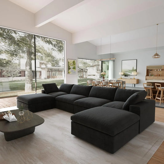 Premium Luxe Cloud Sectional Couches | 6-Piece Linen Black Soft Springy Seating U-Shaped Sectionals 4-seaters with 2-Ottomans