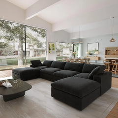 Premium Luxe Cloud Sectional Couches | 6-Piece Linen Black Soft Springy Seating U-Shaped Sectionals 4-seaters with 2-Ottomans