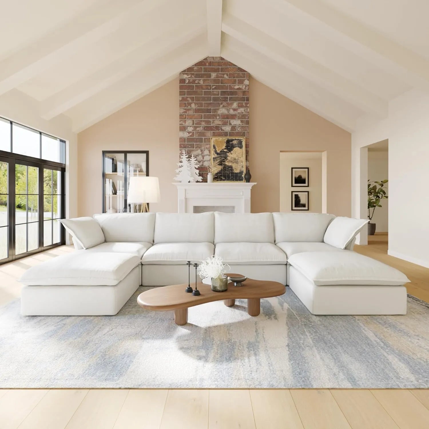 Premium Linen Cloud Sectional Couches | 6-Piece Linen White Oversized Cushions U-Shaped Sectionals 4-seaters with 2-Ottomans