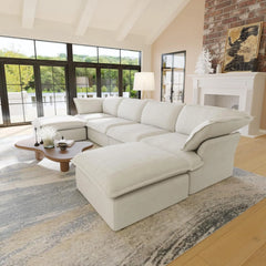 Premium Linen Cloud Sectional Couches | 6-Piece Linen White Oversized Cushions U-Shaped Sectionals 4-seaters with 2-Ottomans